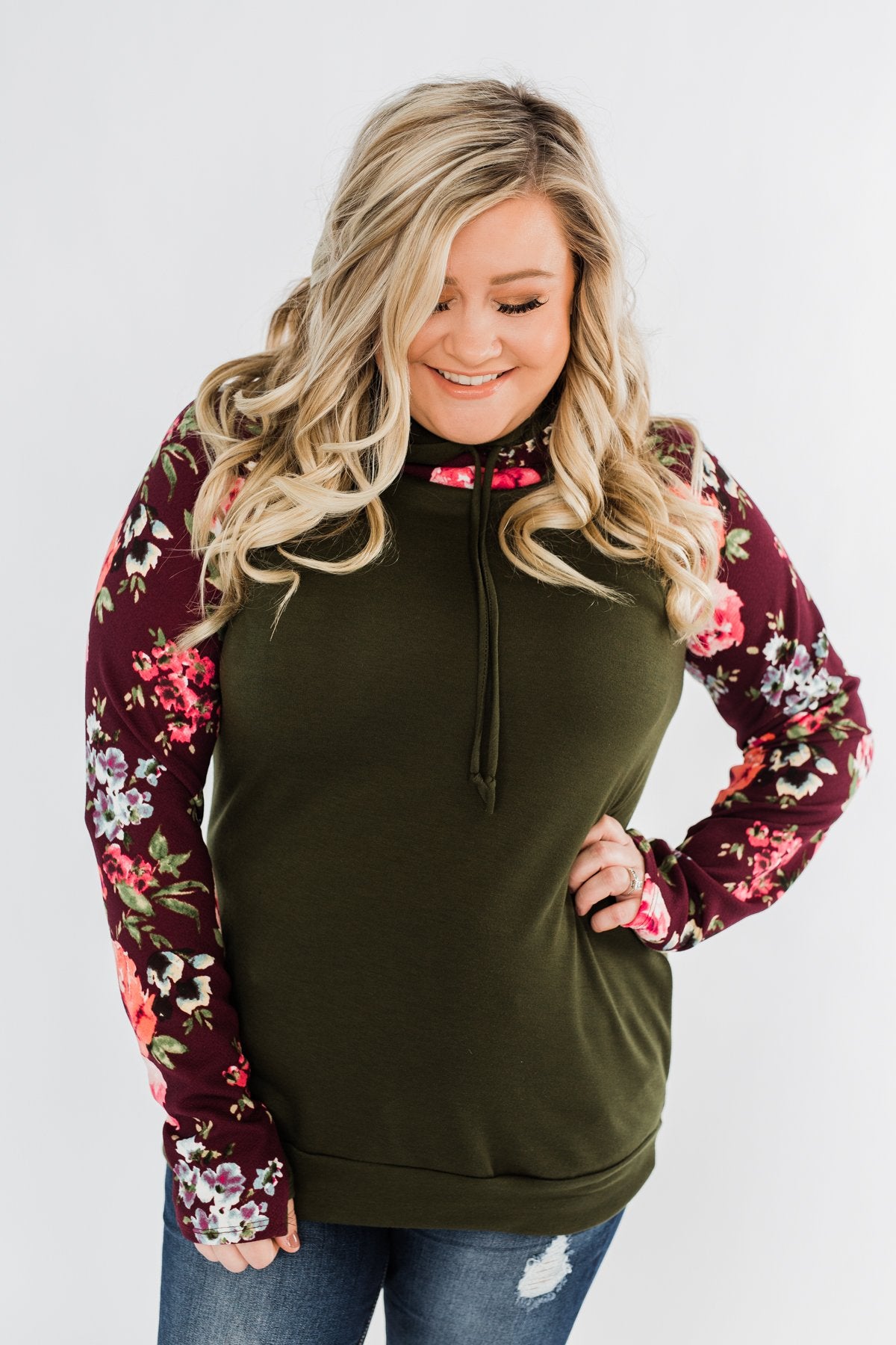 Easy On The Eyes Floral Double Hoodie Army Green The Pulse Boutique