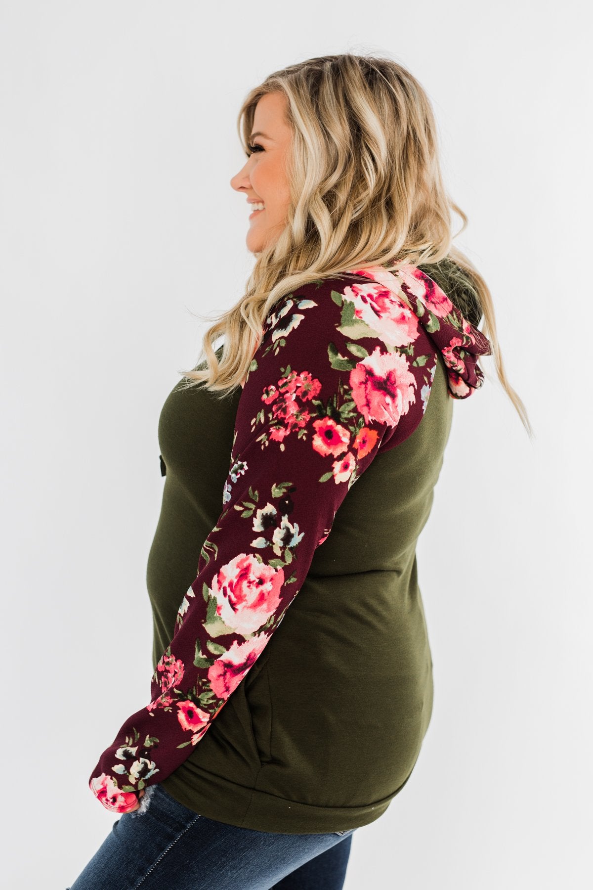 Easy On The Eyes Floral Double Hoodie- Army Green