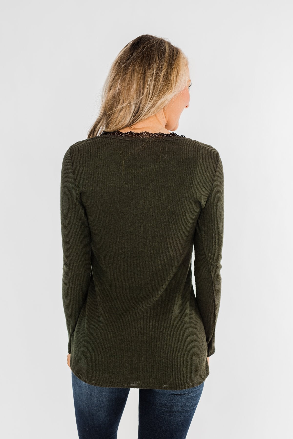 Don't Think Twice Lace Trimmed Top- Dark Olive