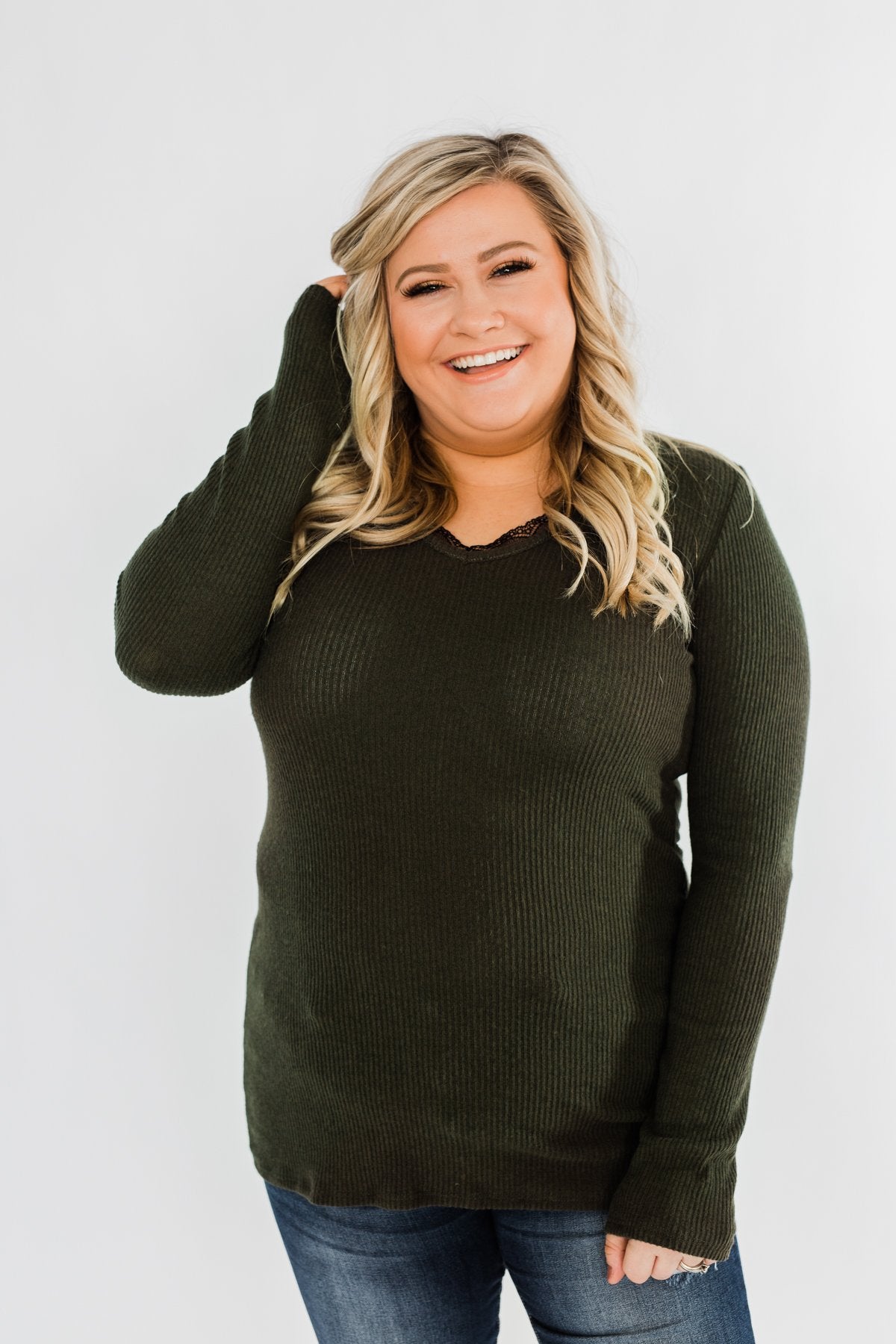Don't Think Twice Lace Trimmed Top- Dark Olive