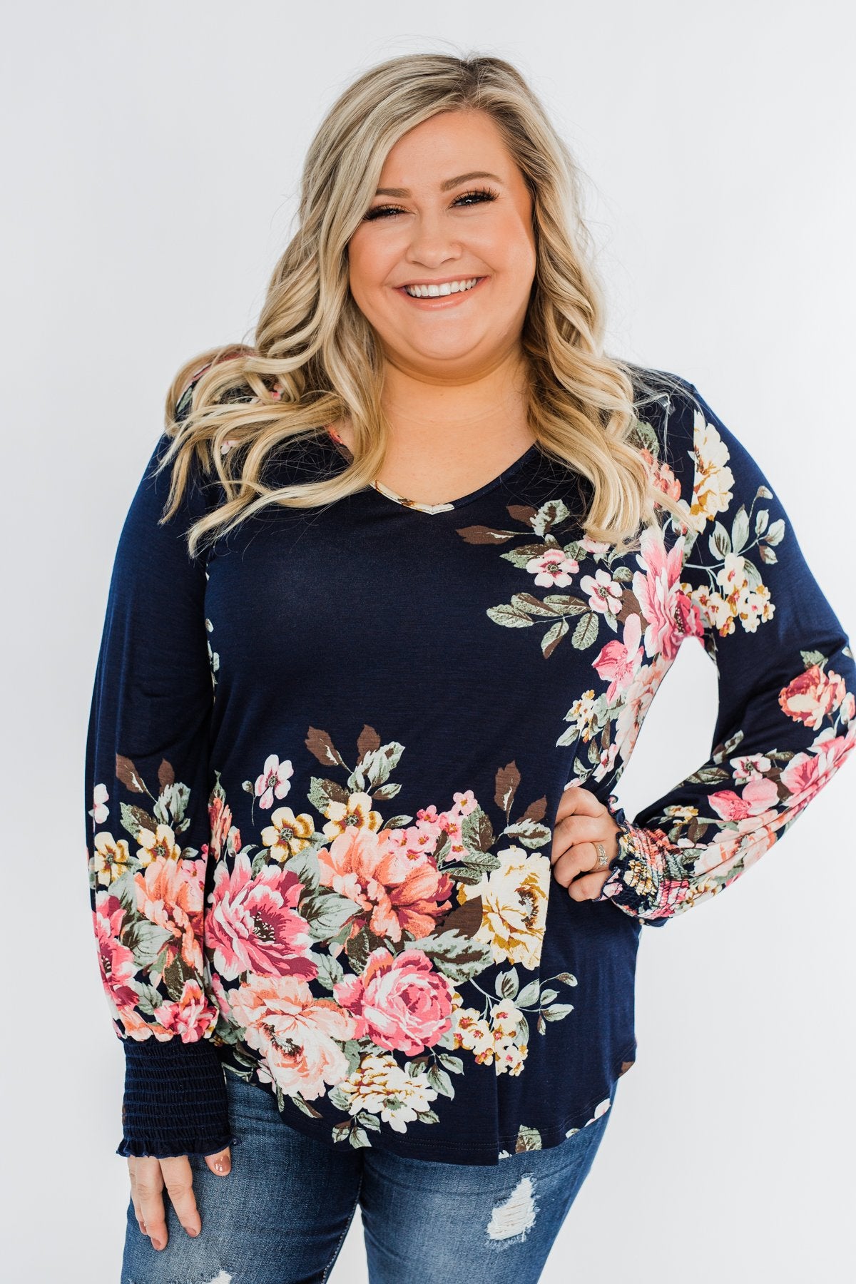 Lovely Feelings Long Sleeve Floral Blouse- Navy