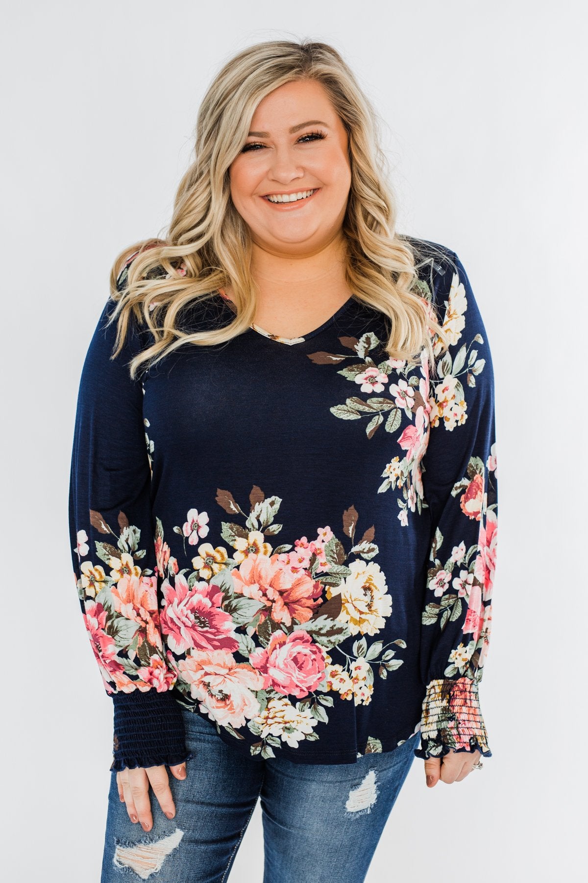 Lovely Feelings Long Sleeve Floral Blouse- Navy