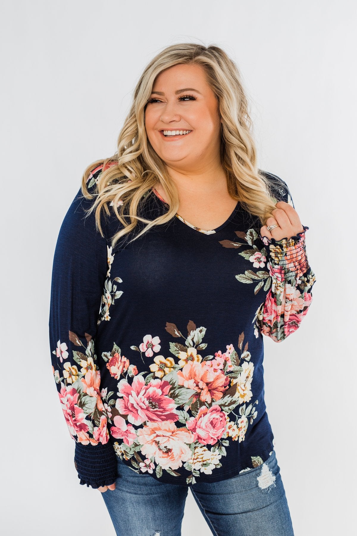 Lovely Feelings Long Sleeve Floral Blouse- Navy