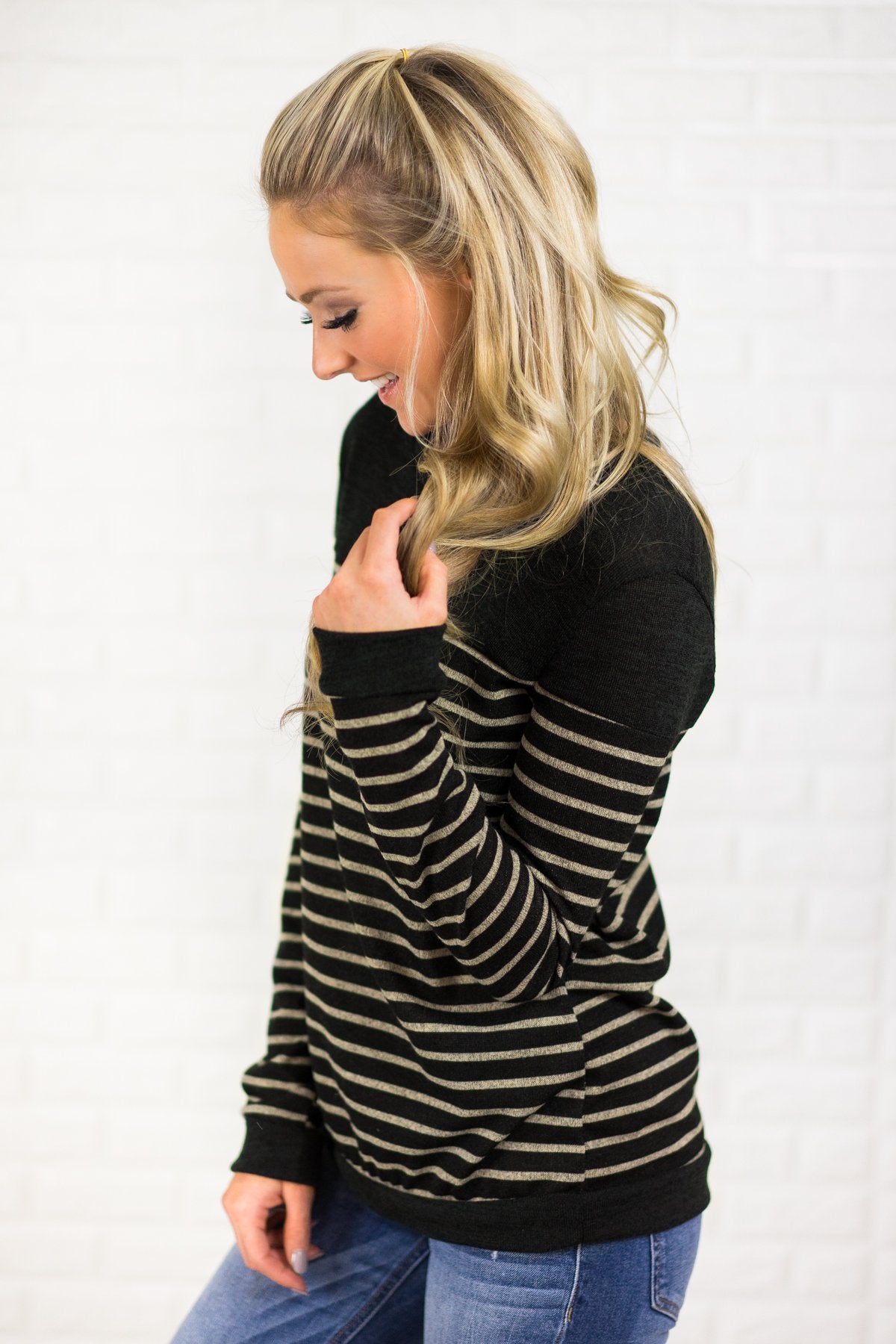 Black and Griege Striped Long Sleeve Top
