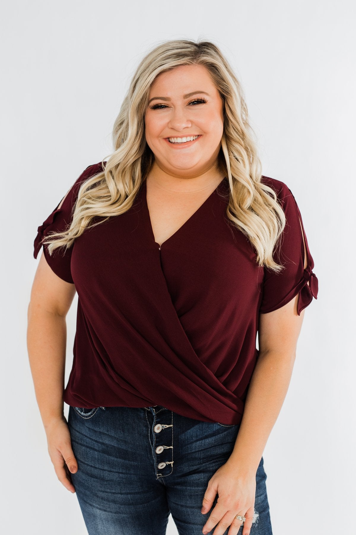 Cold Shoulder Wrap Blouse- Wine