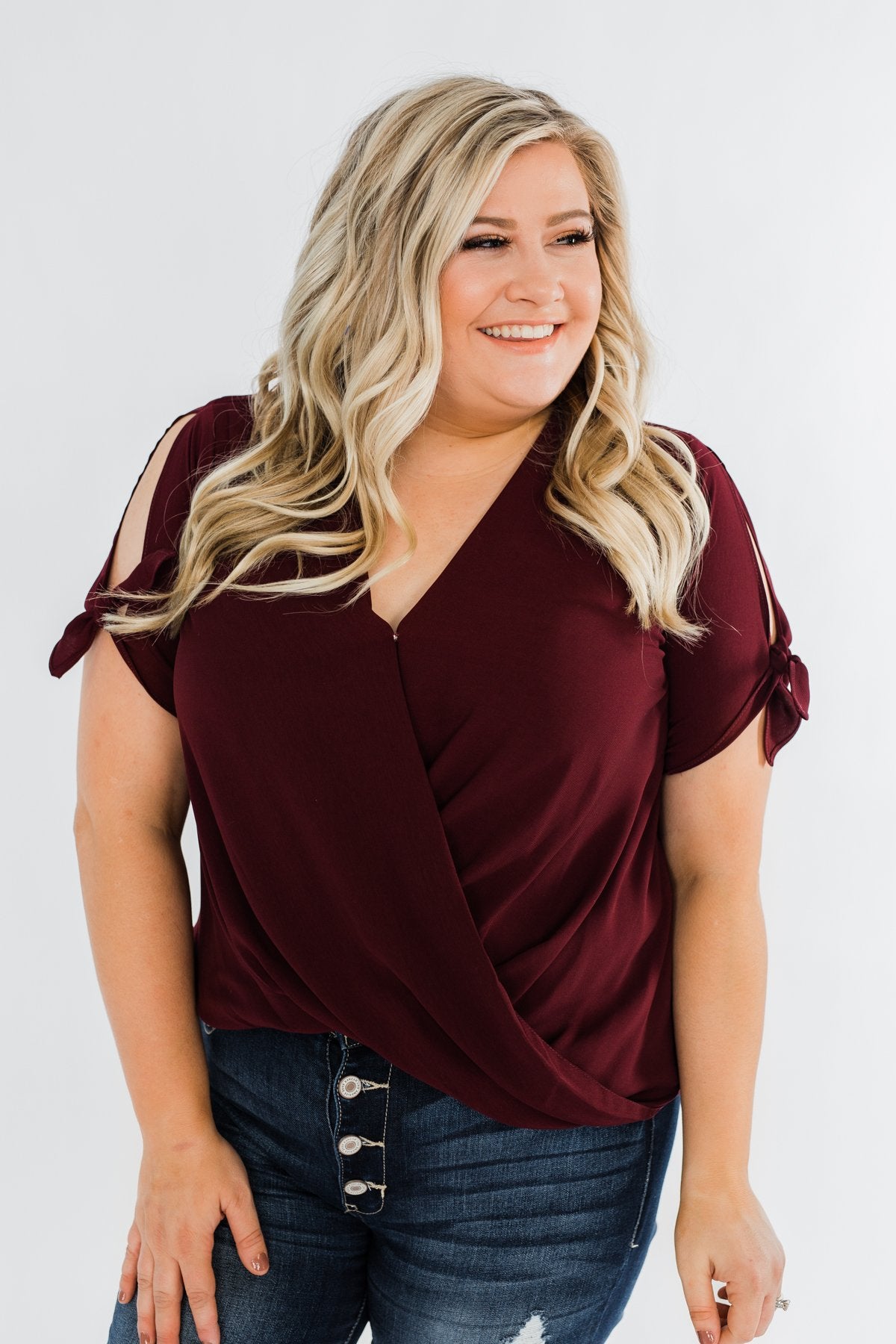 Cold Shoulder Wrap Blouse- Wine