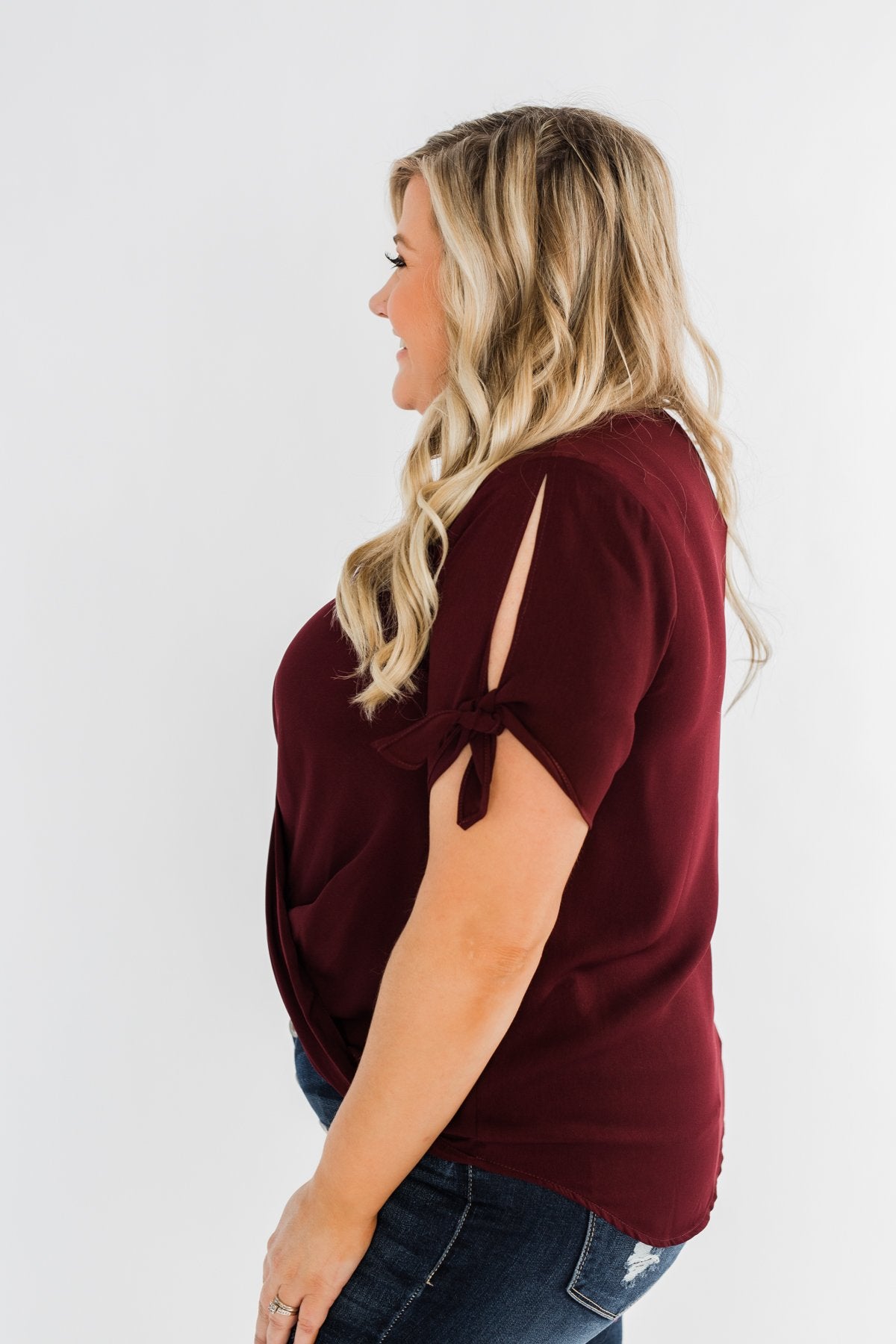 Cold Shoulder Wrap Blouse- Wine