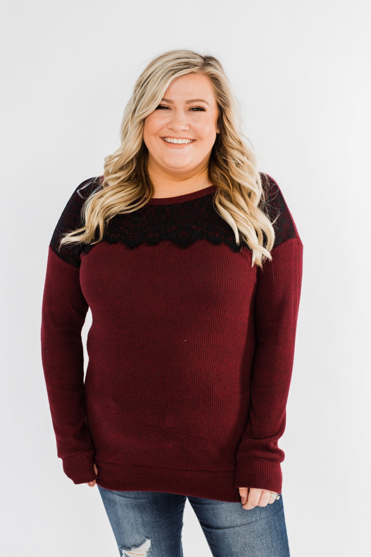 Show Stopper Black Lace Top- Burgundy