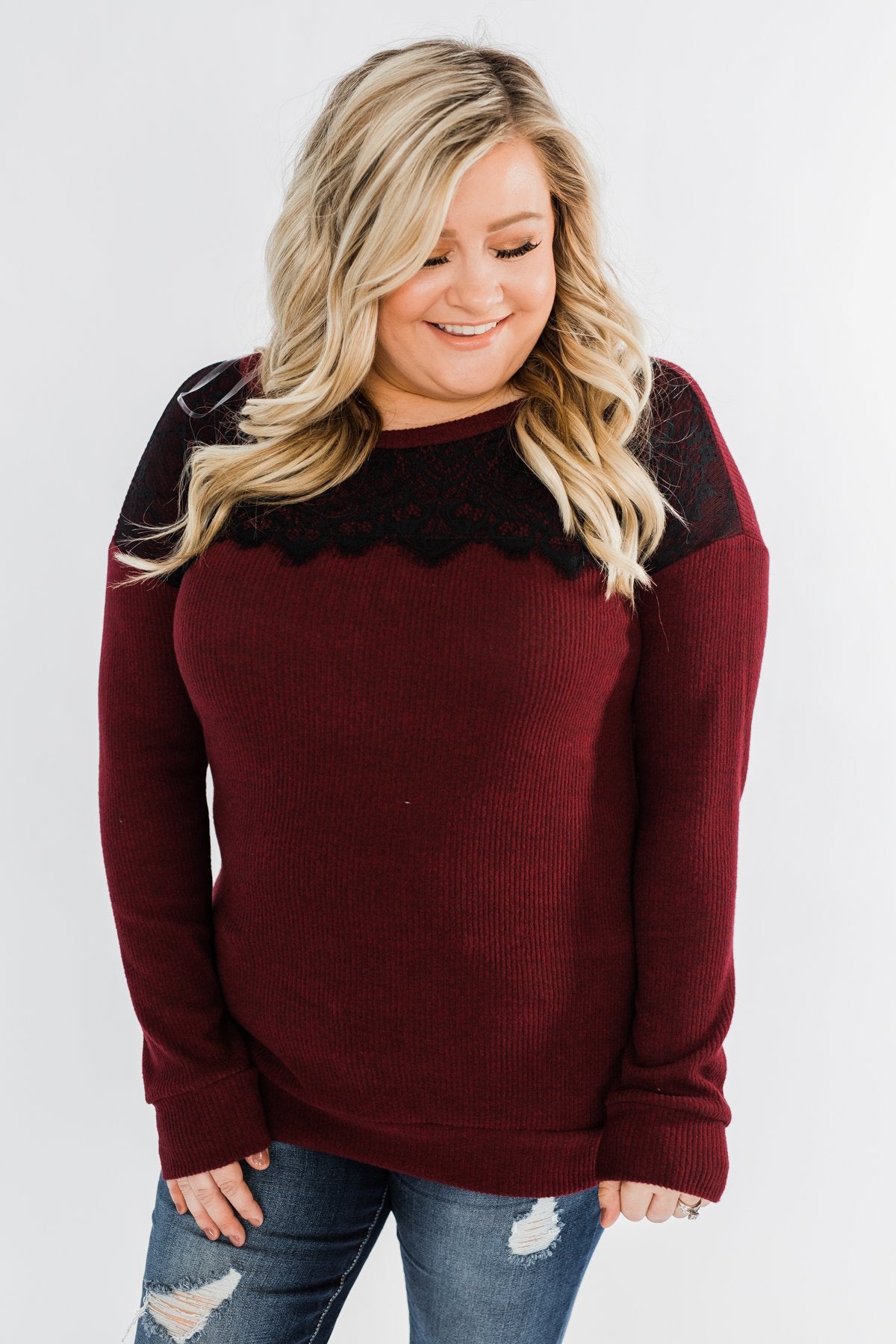 Show Stopper Black Lace Top- Burgundy