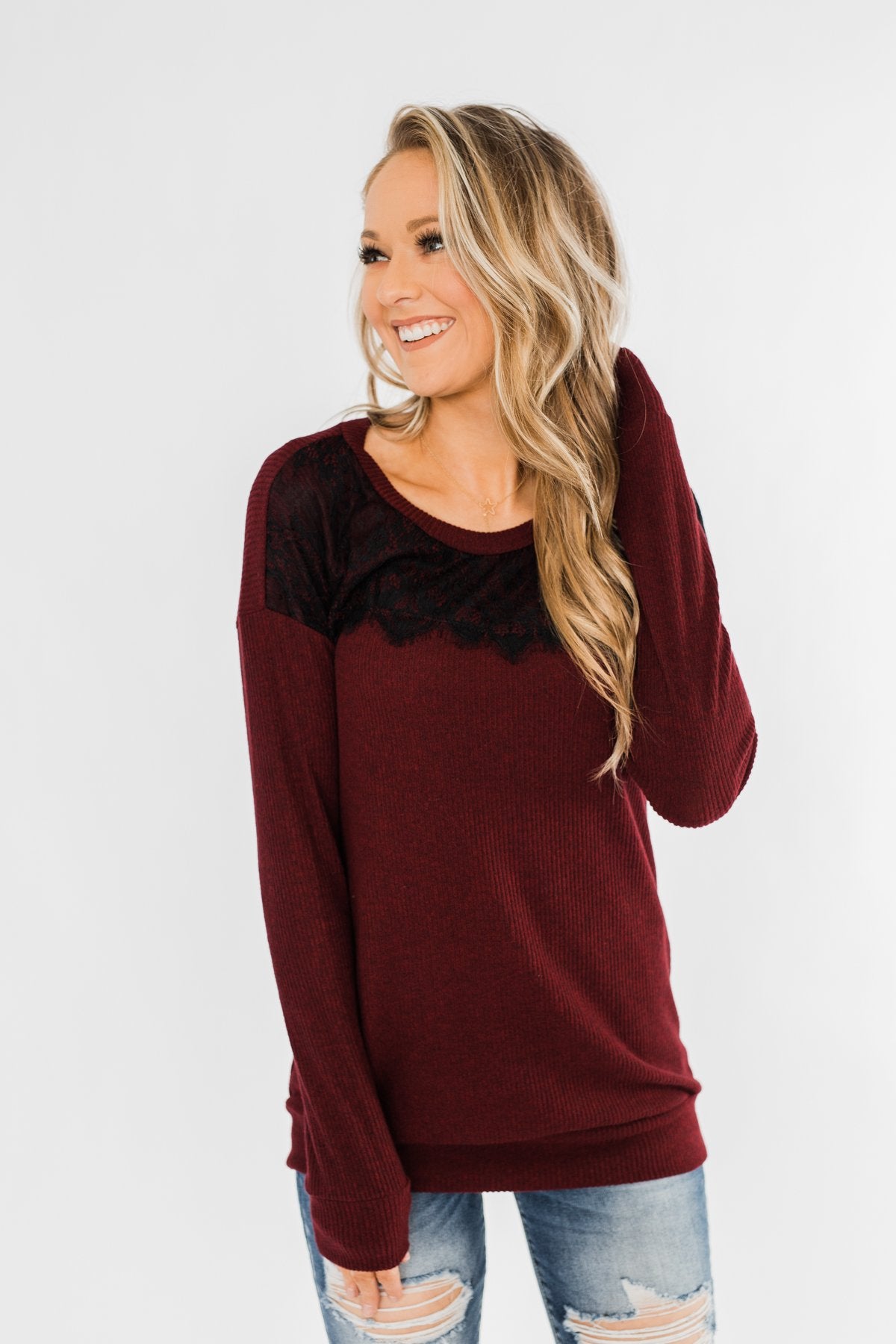 Show Stopper Black Lace Top- Burgundy