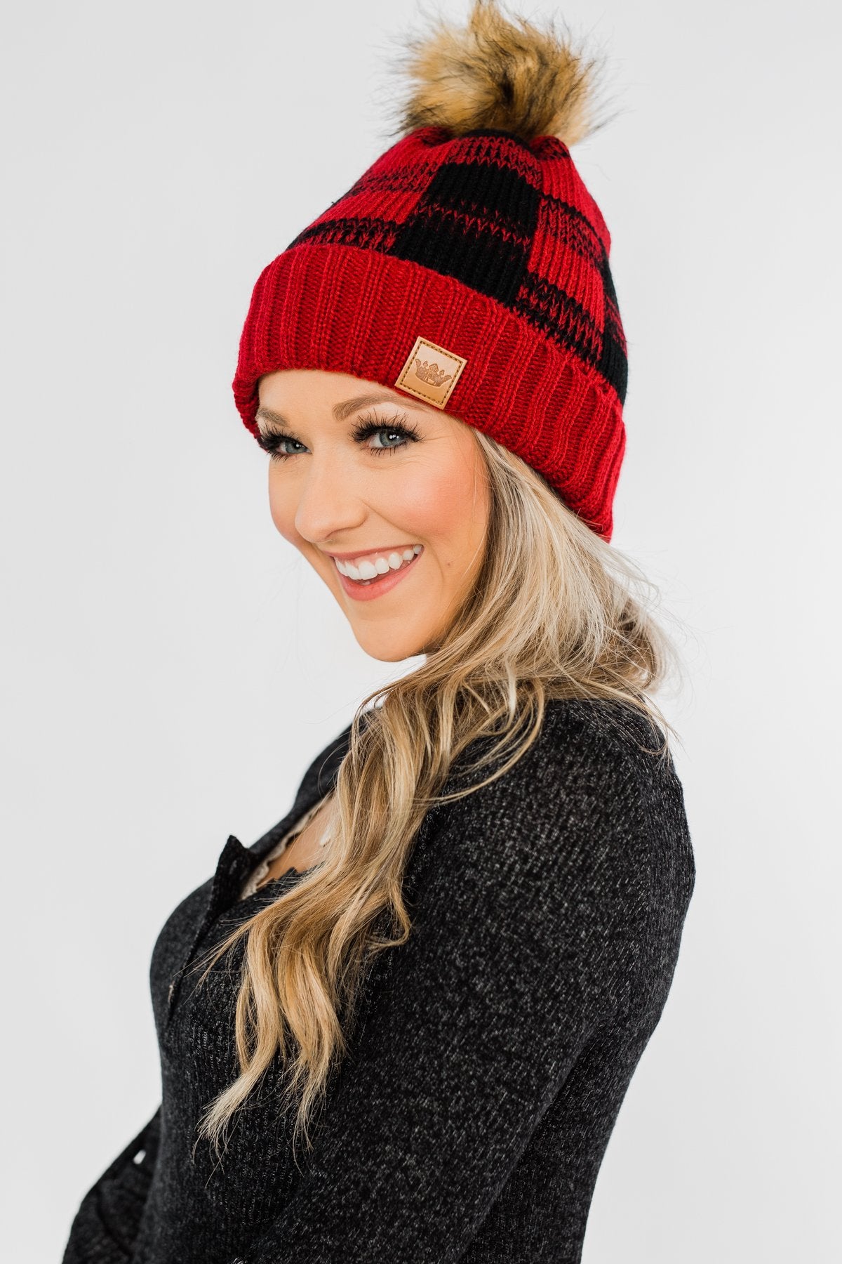 Knit Pom Beanie- Buffalo Plaid
