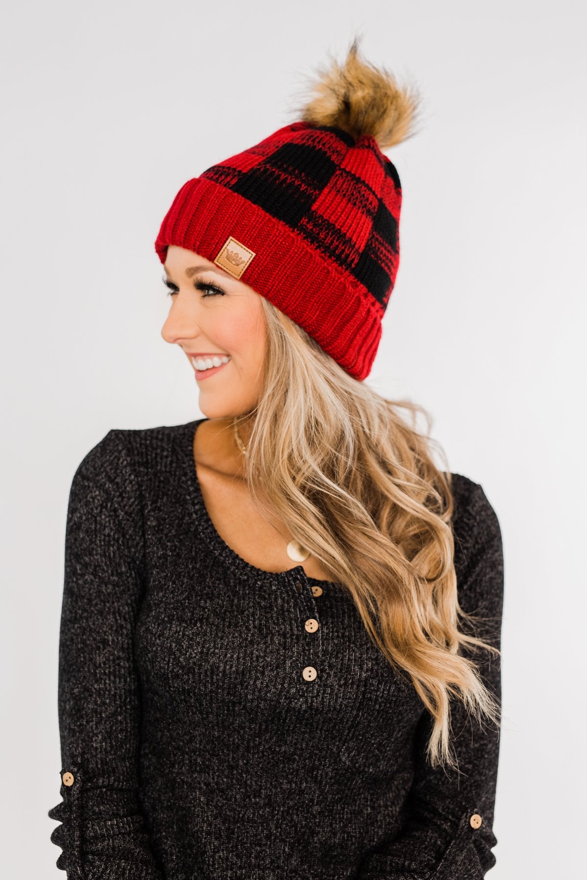 Knit Pom Beanie- Buffalo Plaid