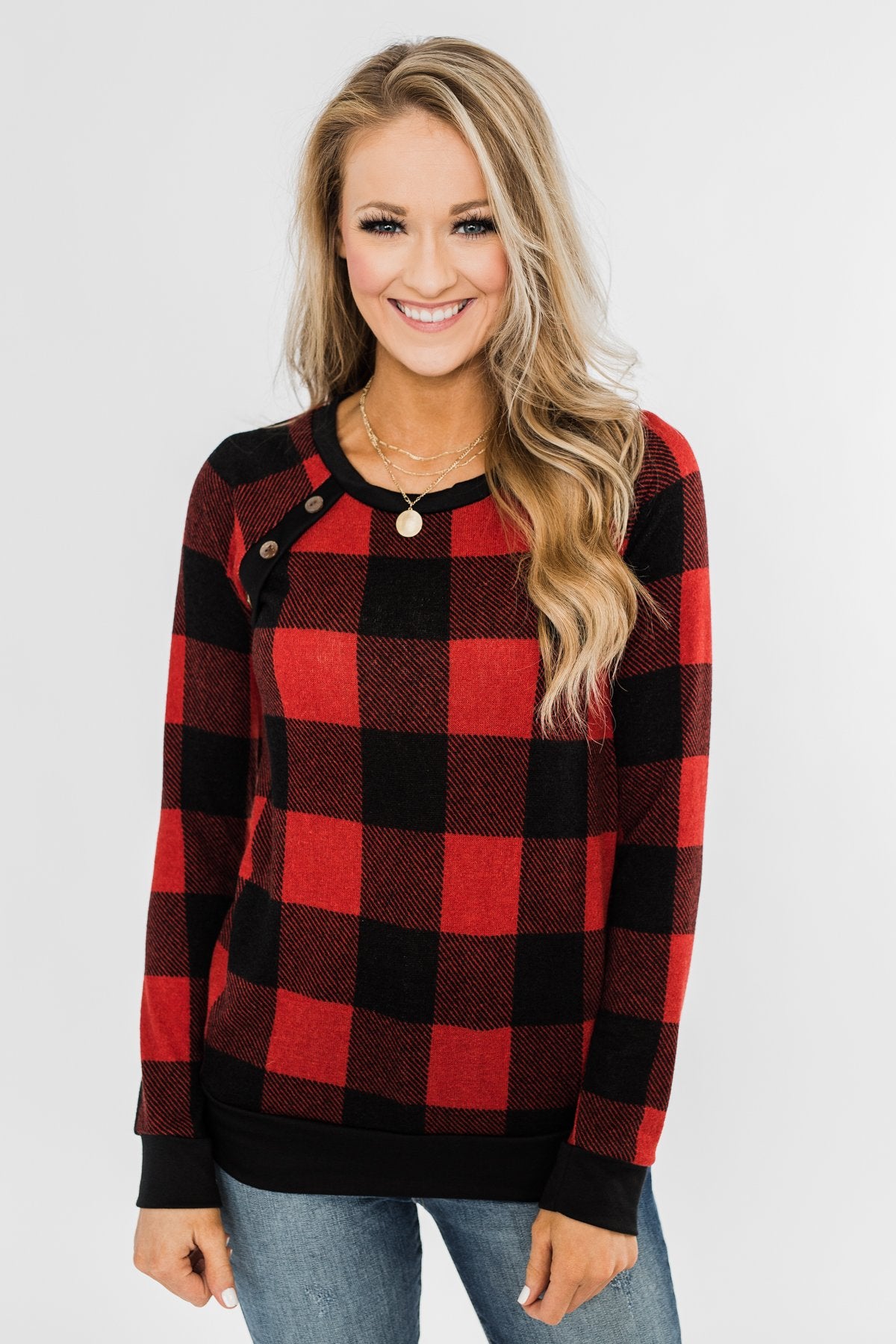 On My Mind Button Detail Top- Buffalo Plaid