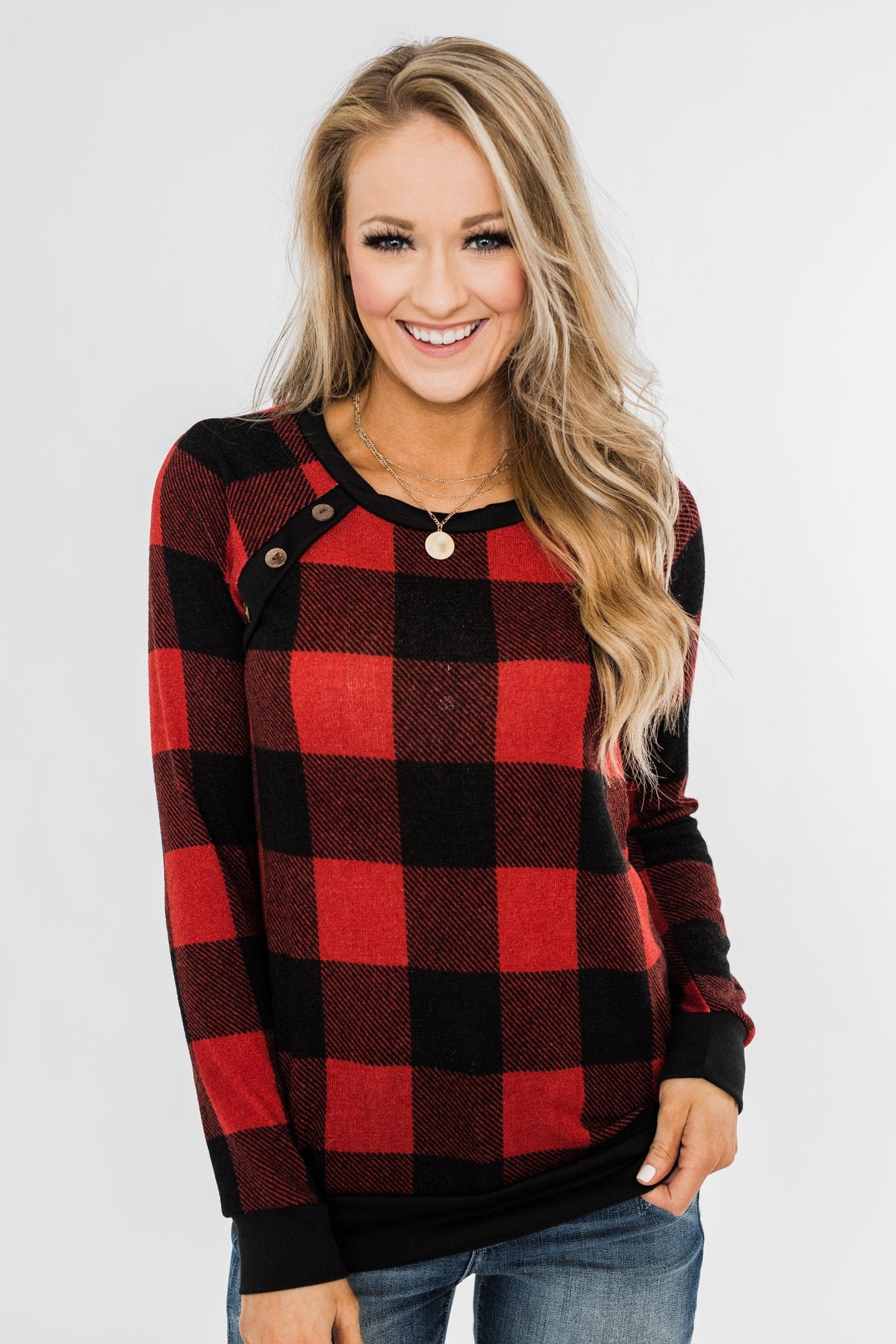 On My Mind Button Detail Top- Buffalo Plaid