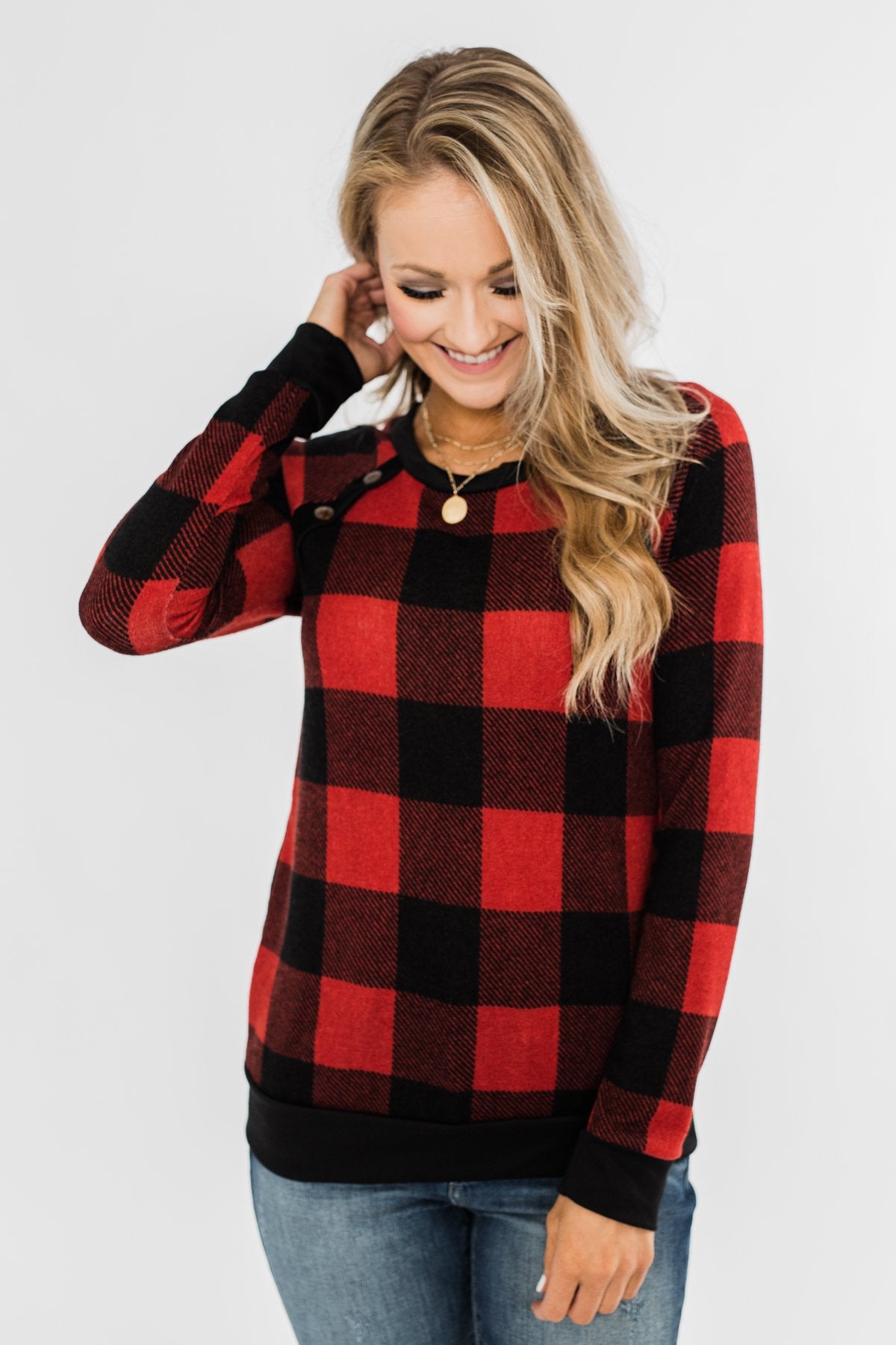 On My Mind Button Detail Top- Buffalo Plaid