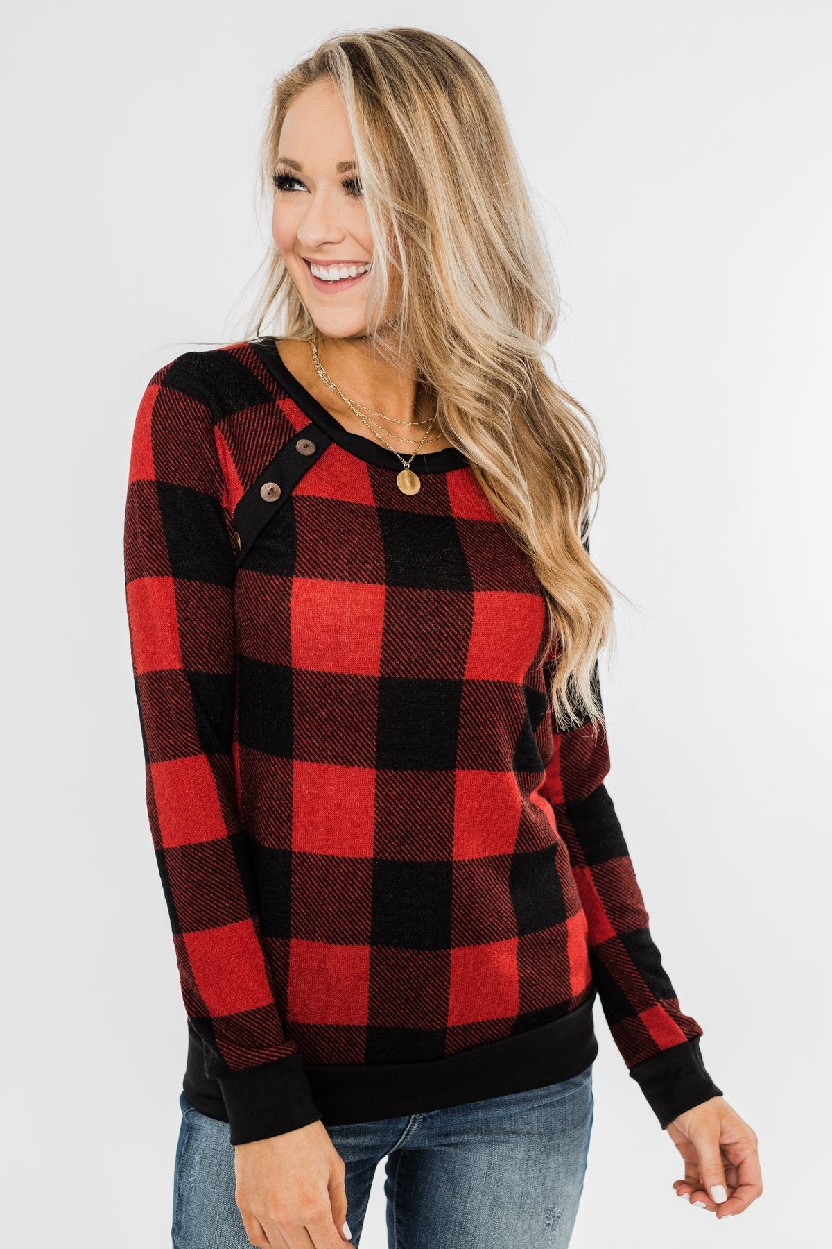 On My Mind Button Detail Top- Buffalo Plaid