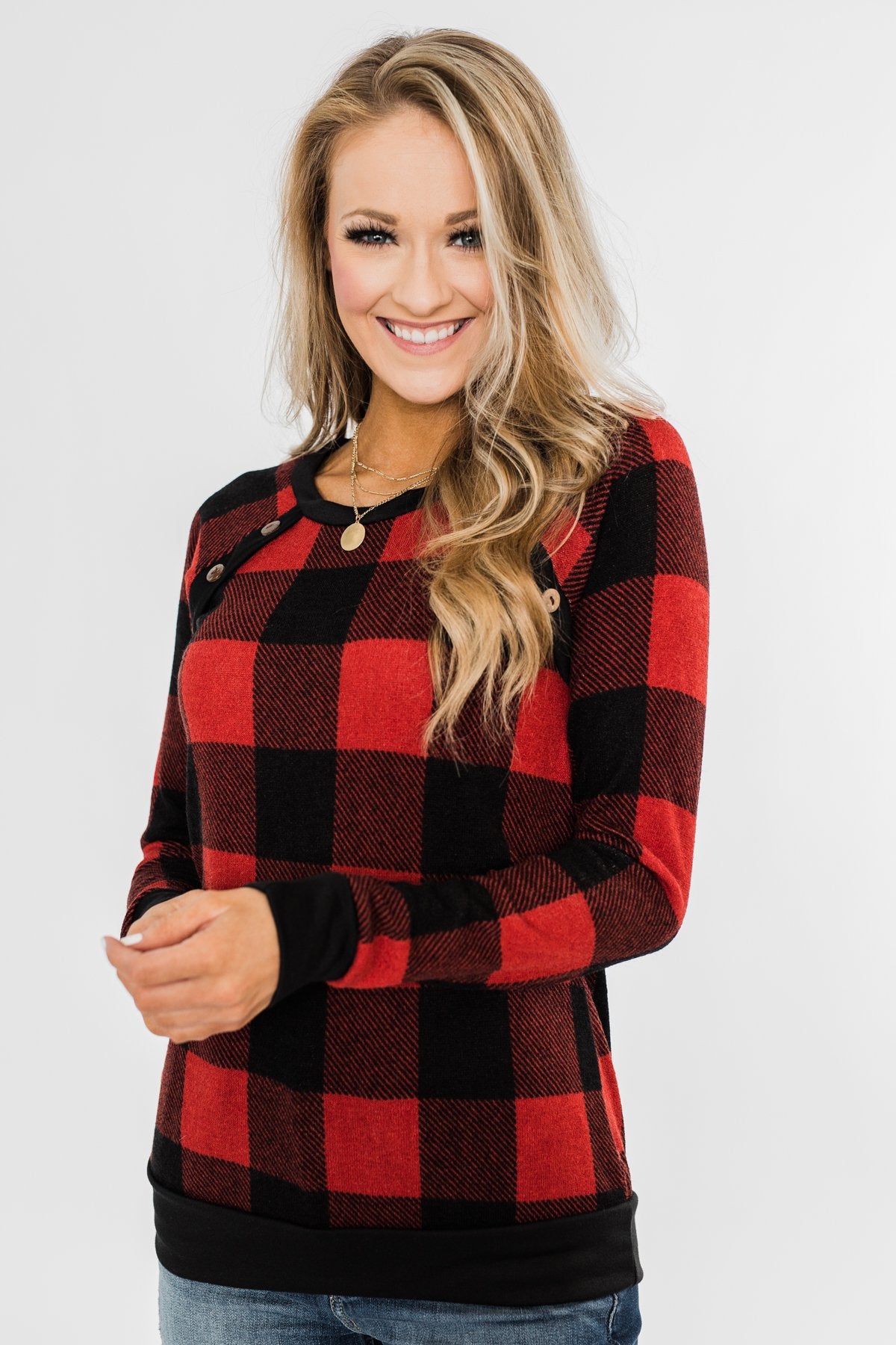 On My Mind Button Detail Top- Buffalo Plaid