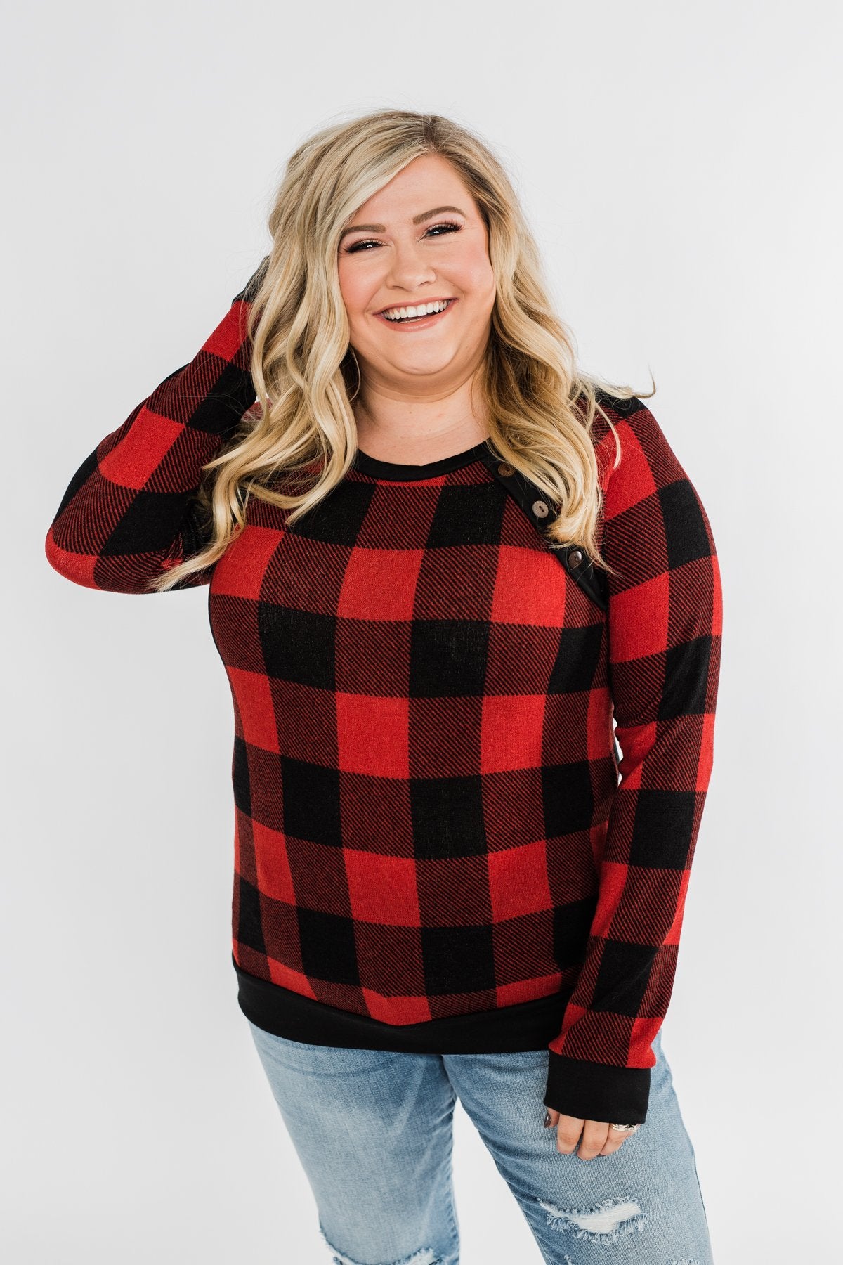 On My Mind Button Detail Top- Buffalo Plaid
