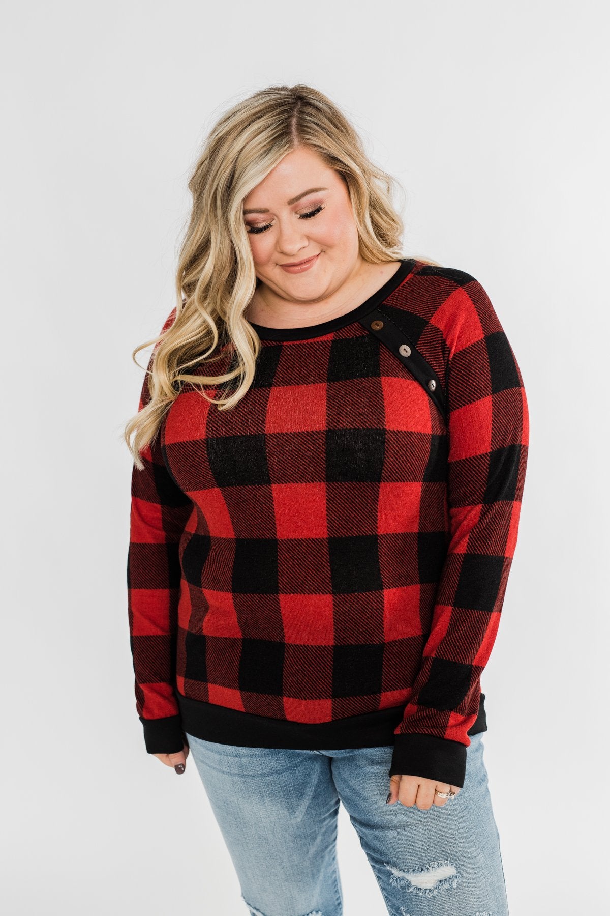 On My Mind Button Detail Top- Buffalo Plaid