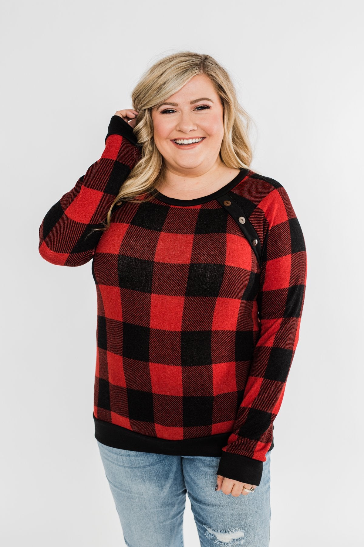 On My Mind Button Detail Top- Buffalo Plaid