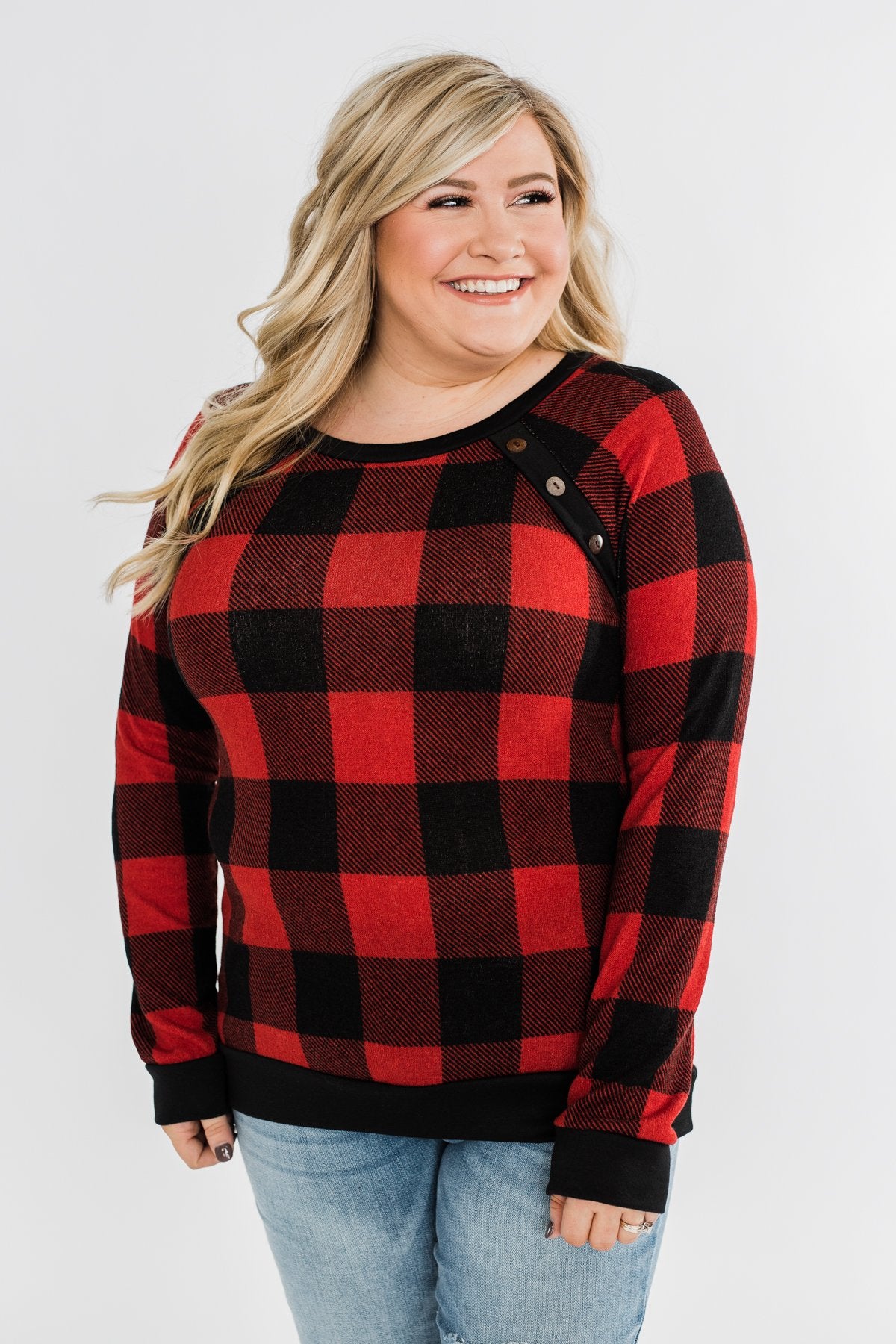 On My Mind Button Detail Top- Buffalo Plaid