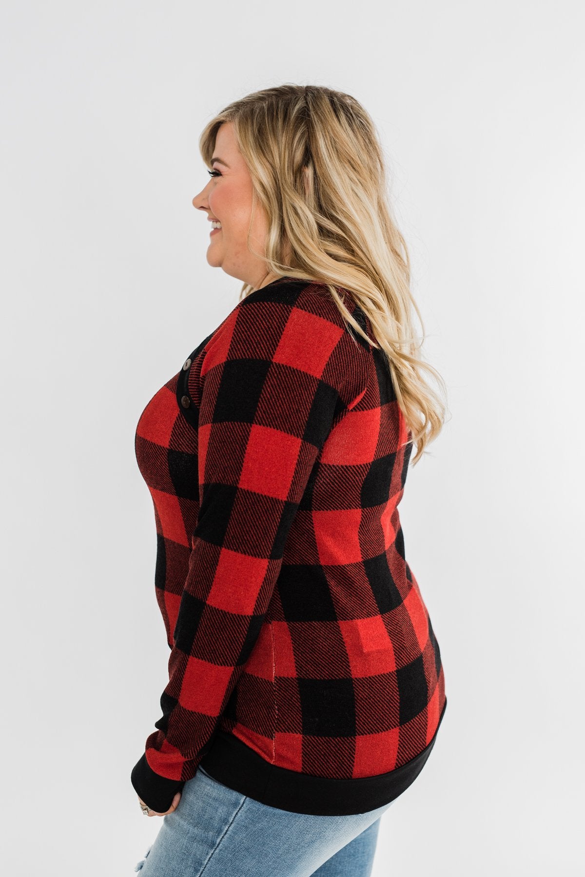 On My Mind Button Detail Top- Buffalo Plaid