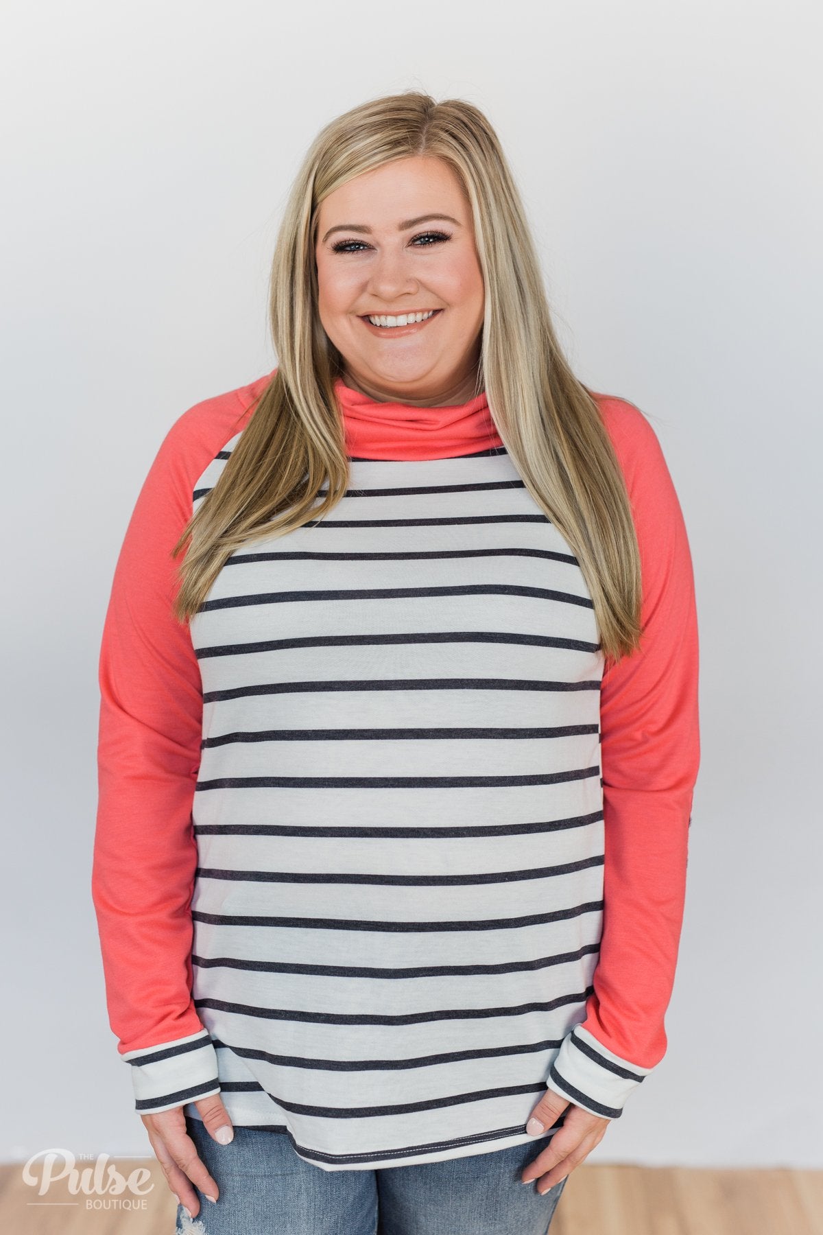 Perfect Match Striped Elbow Patch Cowl Neck- Coral