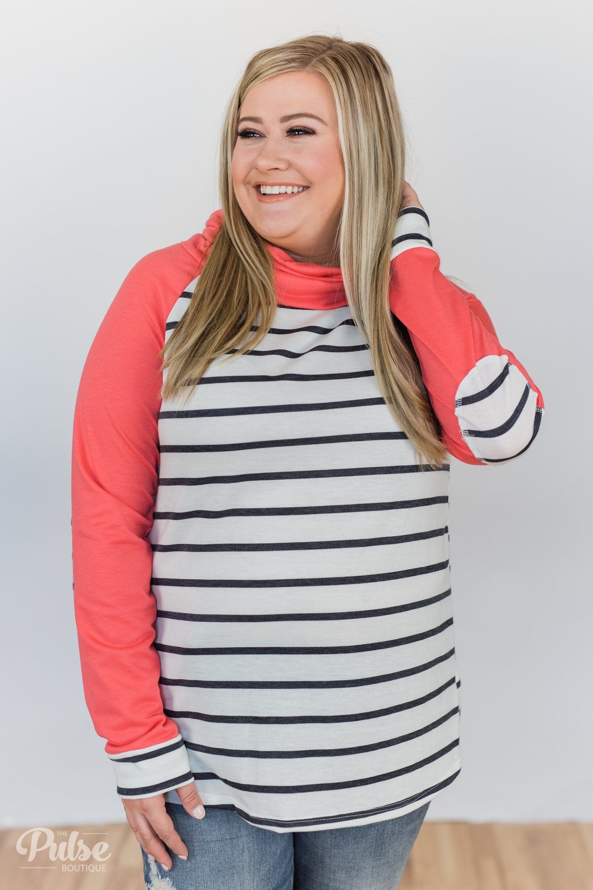 Perfect Match Striped Elbow Patch Cowl Neck- Coral
