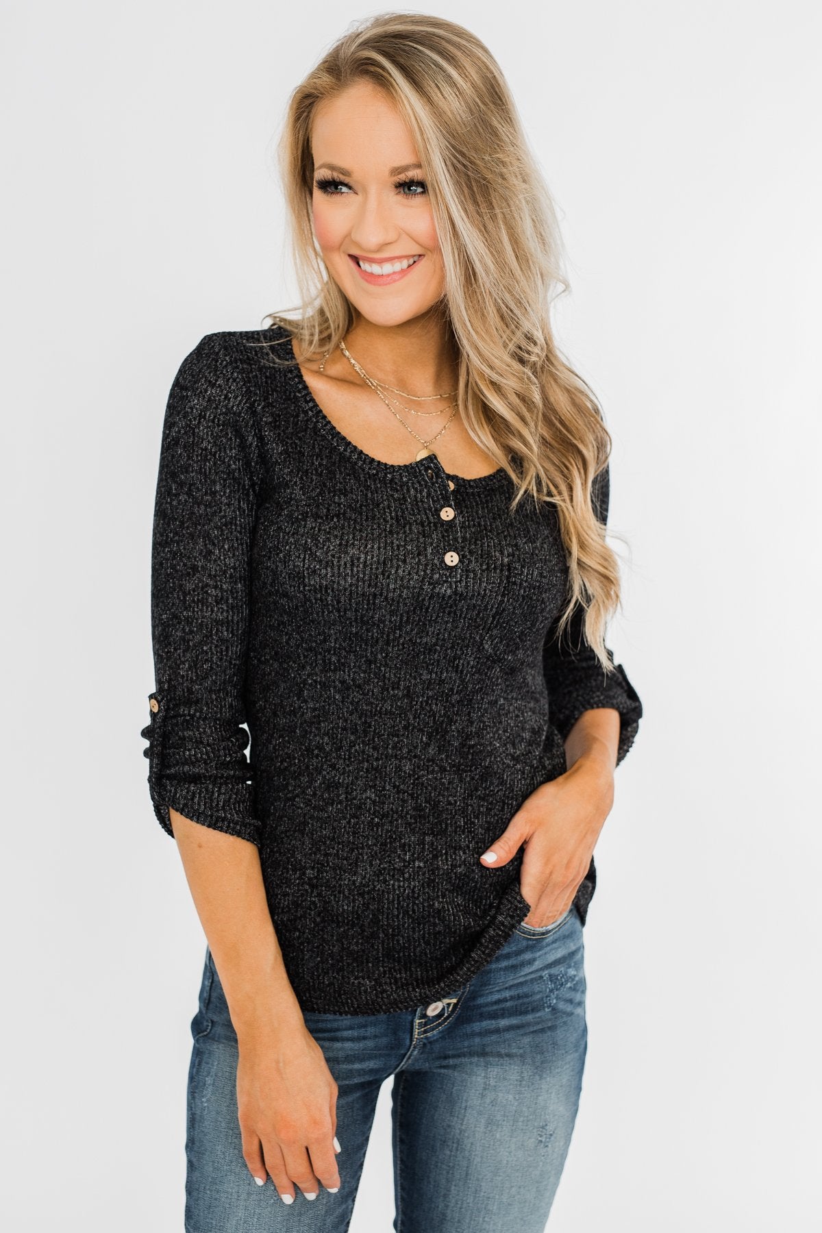 Starry Nights Ribbed Pocket Top- Black