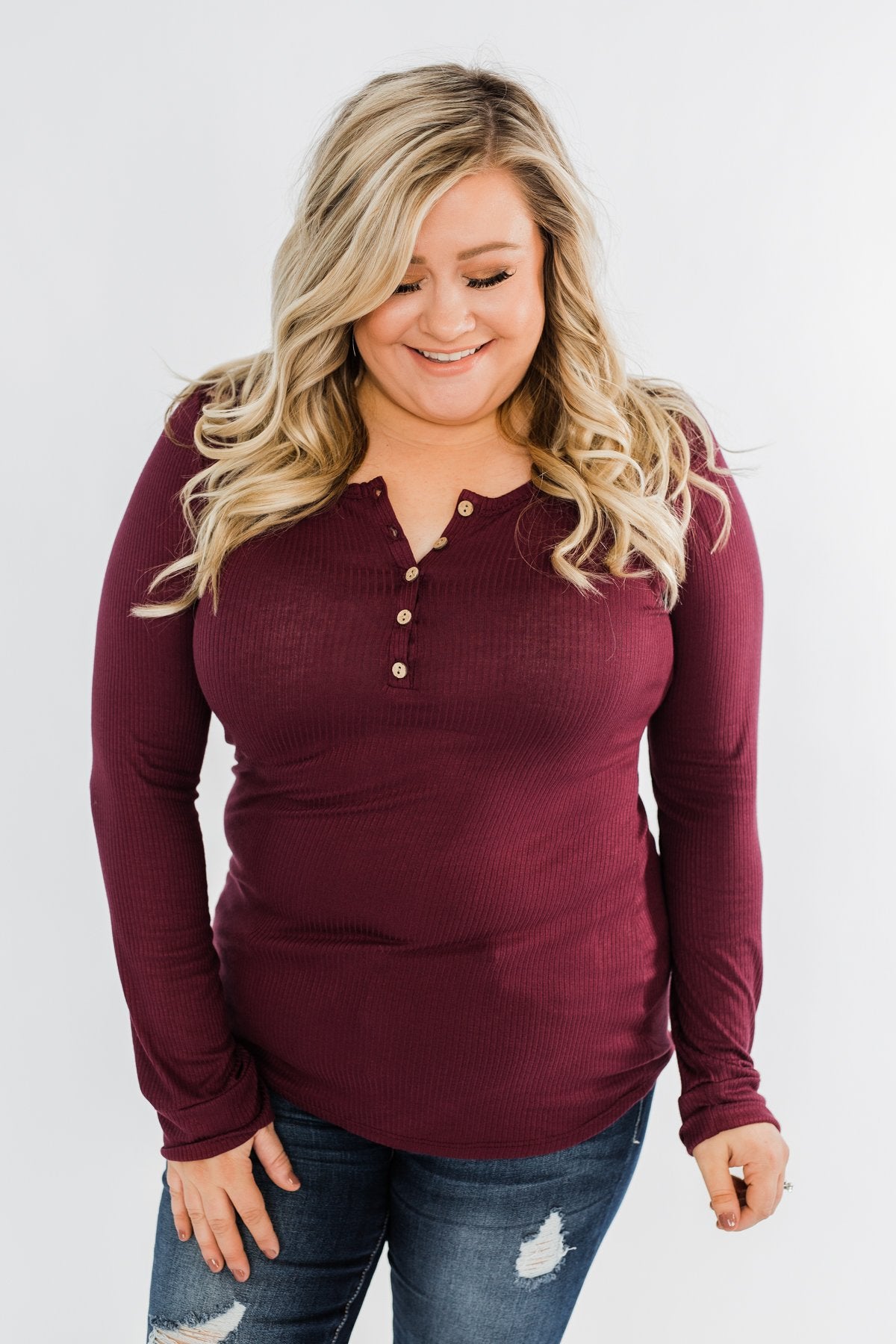 Lace Back 5-Button Henley Top- Burgundy