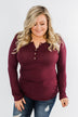 Lace Back 5-Button Henley Top- Burgundy