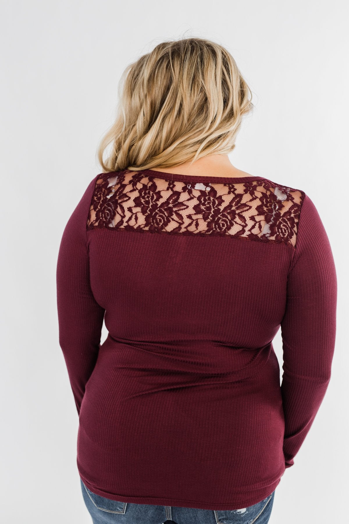 Lace Back 5-Button Henley Top- Burgundy