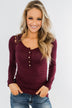 Lace Back 5-Button Henley Top- Burgundy