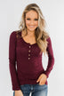 Lace Back 5-Button Henley Top- Burgundy