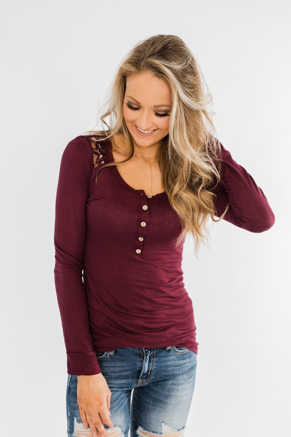 Lace Back 5-Button Henley Top- Burgundy