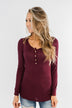 Lace Back 5-Button Henley Top- Burgundy