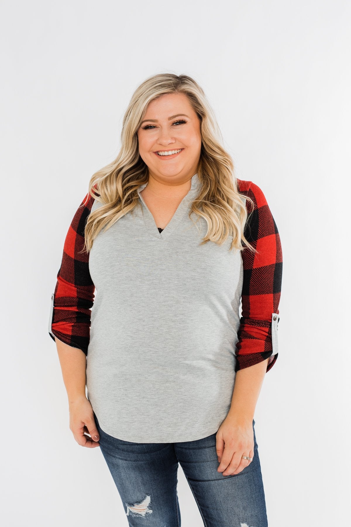 Here I Am V-Neck Top- Heather Grey & Buffalo Plaid