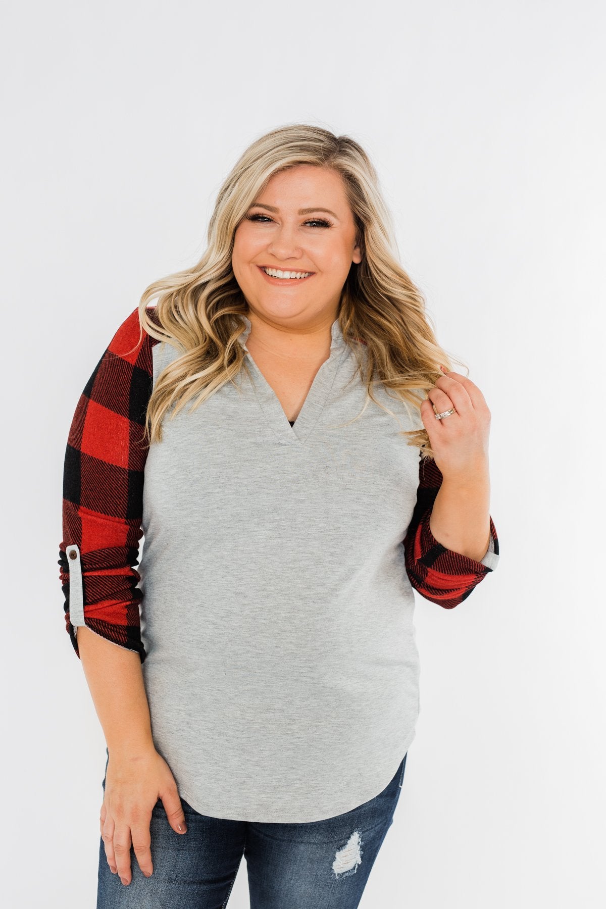 Here I Am V-Neck Top- Heather Grey & Buffalo Plaid
