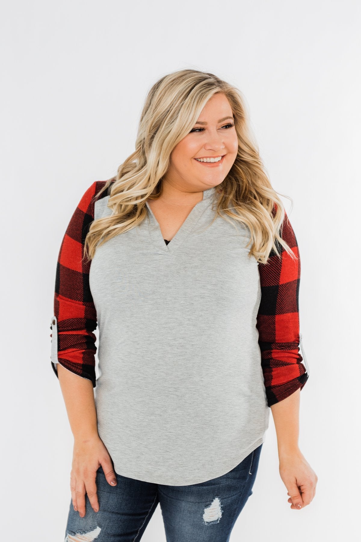 Here I Am V-Neck Top- Heather Grey & Buffalo Plaid