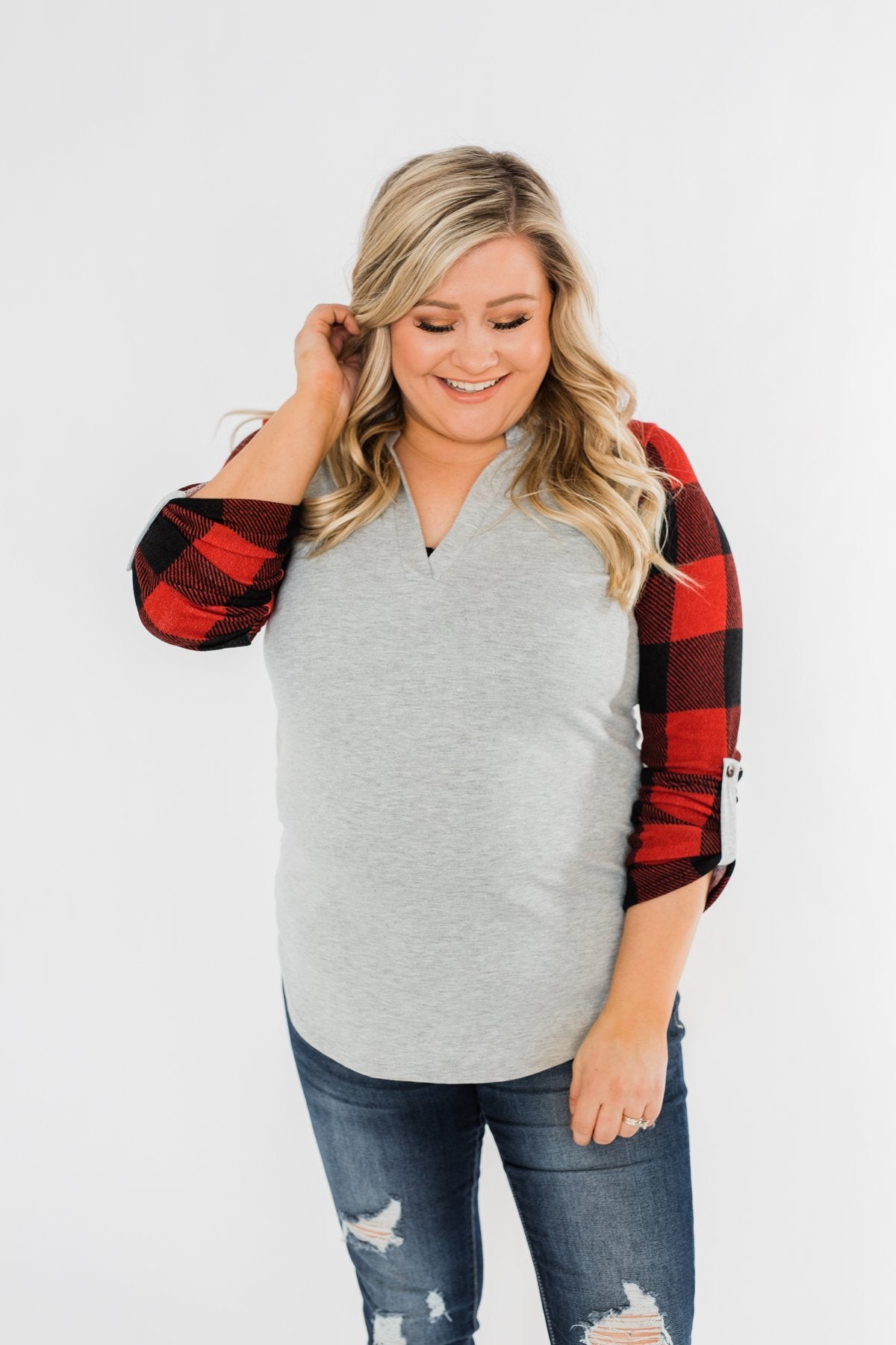Here I Am V-Neck Top- Heather Grey & Buffalo Plaid