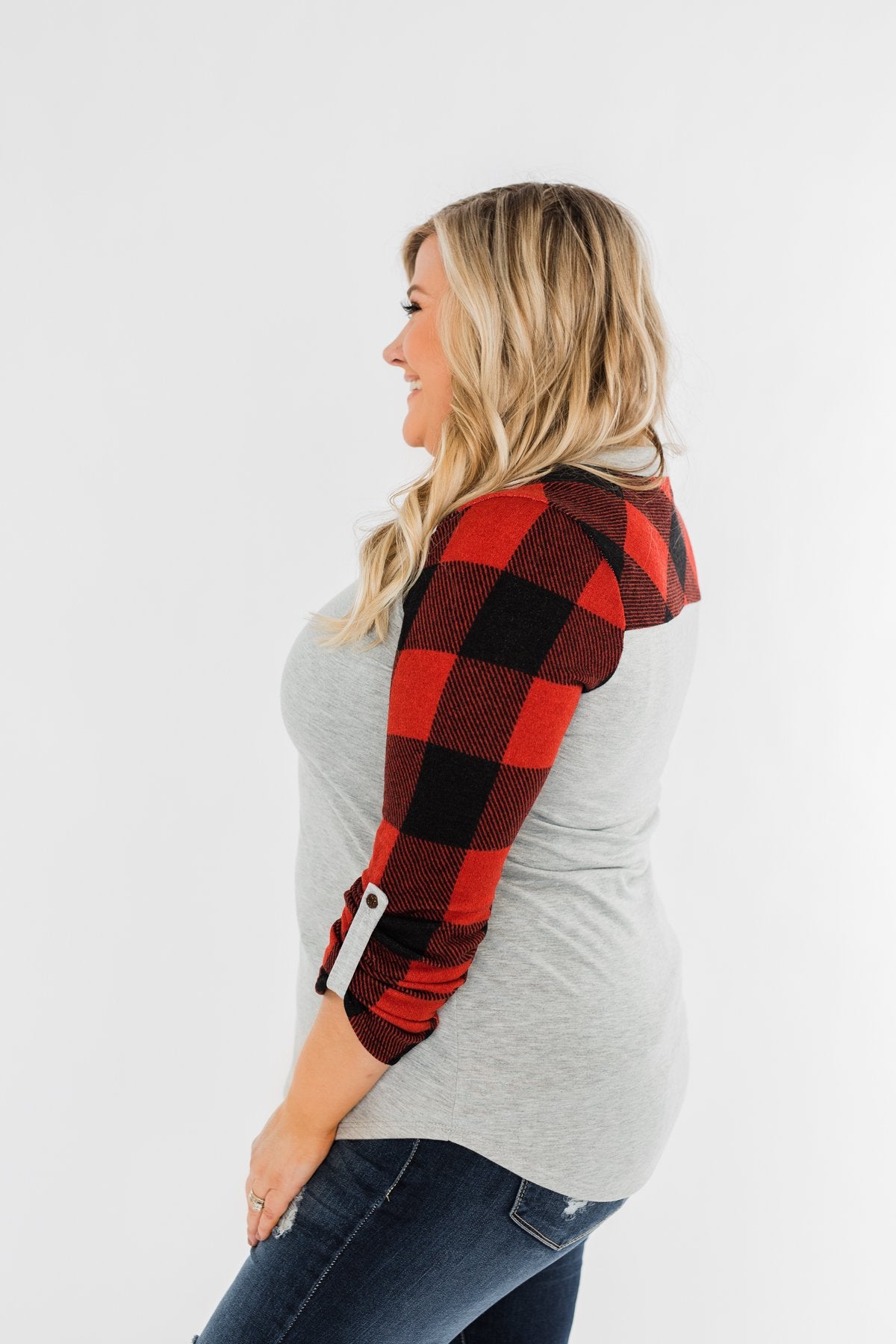 Here I Am V-Neck Top- Heather Grey & Buffalo Plaid
