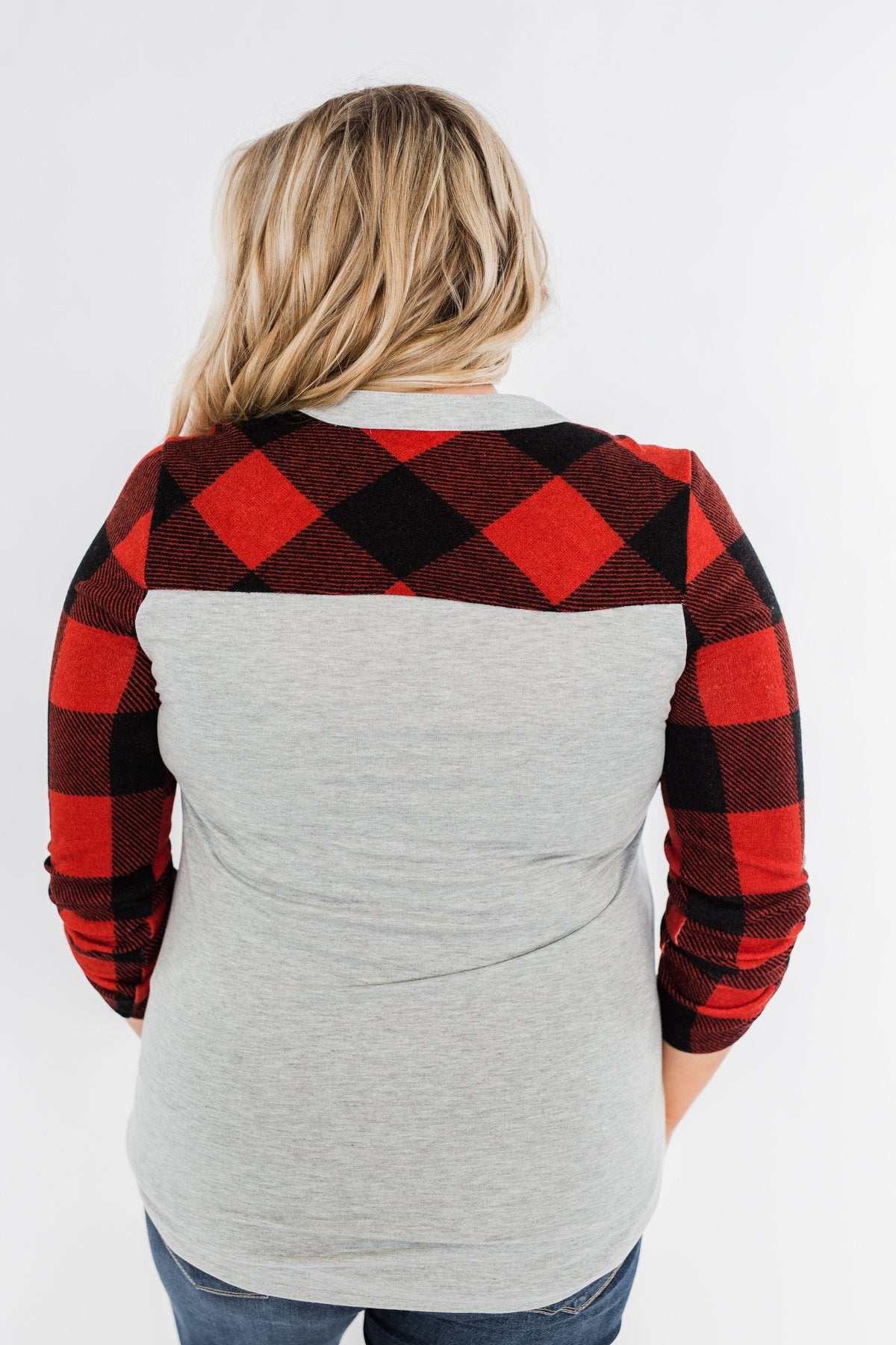 Here I Am V-Neck Top- Heather Grey & Buffalo Plaid