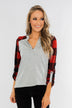 Here I Am V-Neck Top- Heather Grey & Buffalo Plaid