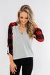 Here I Am V-Neck Top- Heather Grey & Buffalo Plaid