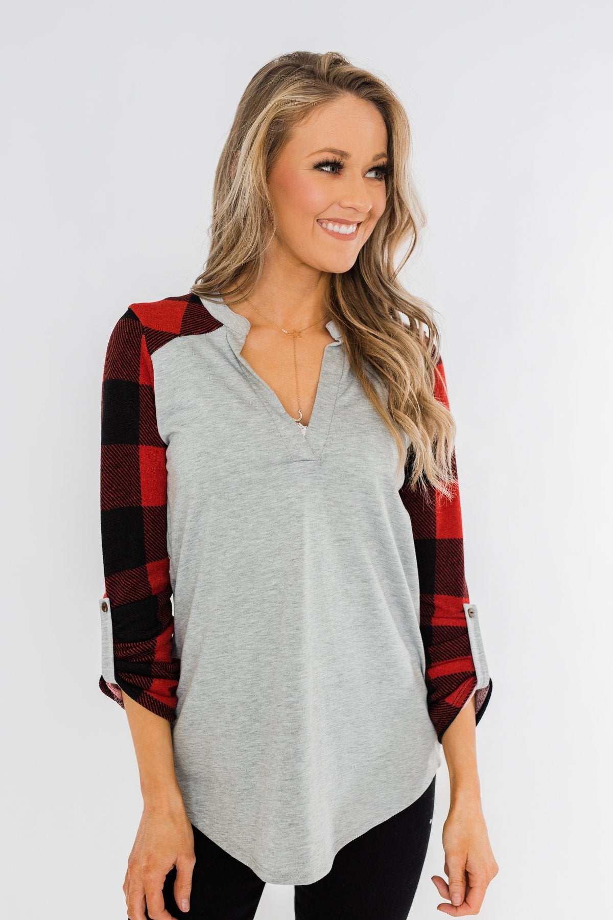 Here I Am V-Neck Top- Heather Grey & Buffalo Plaid