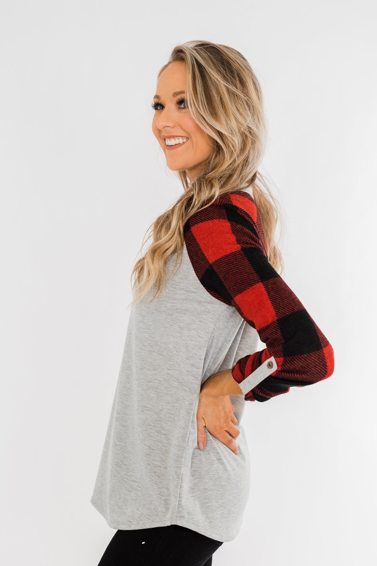 Here I Am V-Neck Top- Heather Grey & Buffalo Plaid