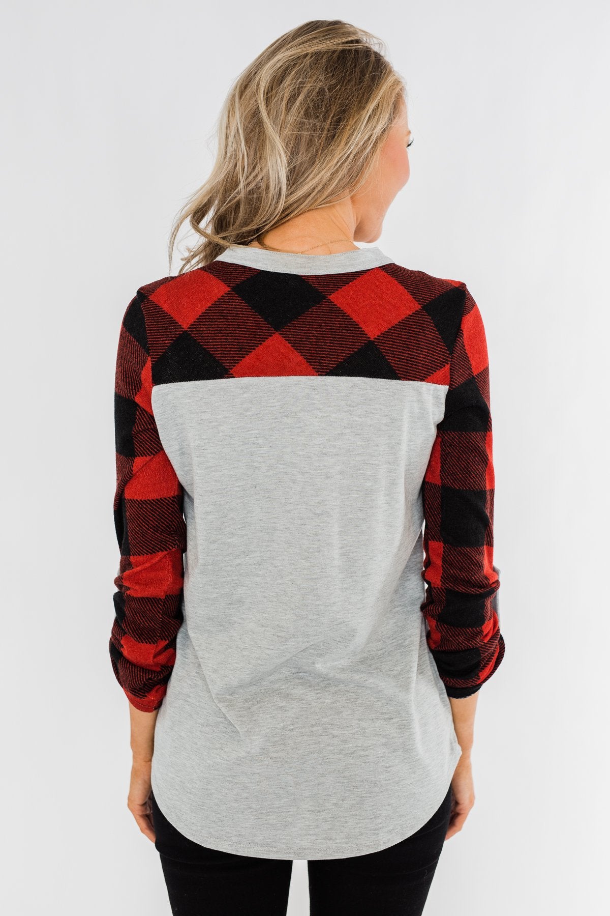 Here I Am V-Neck Top- Heather Grey & Buffalo Plaid