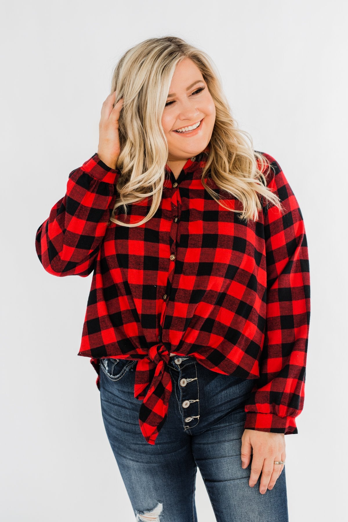Takes Me Back Front Tie Plaid Top- Buffalo Plaid