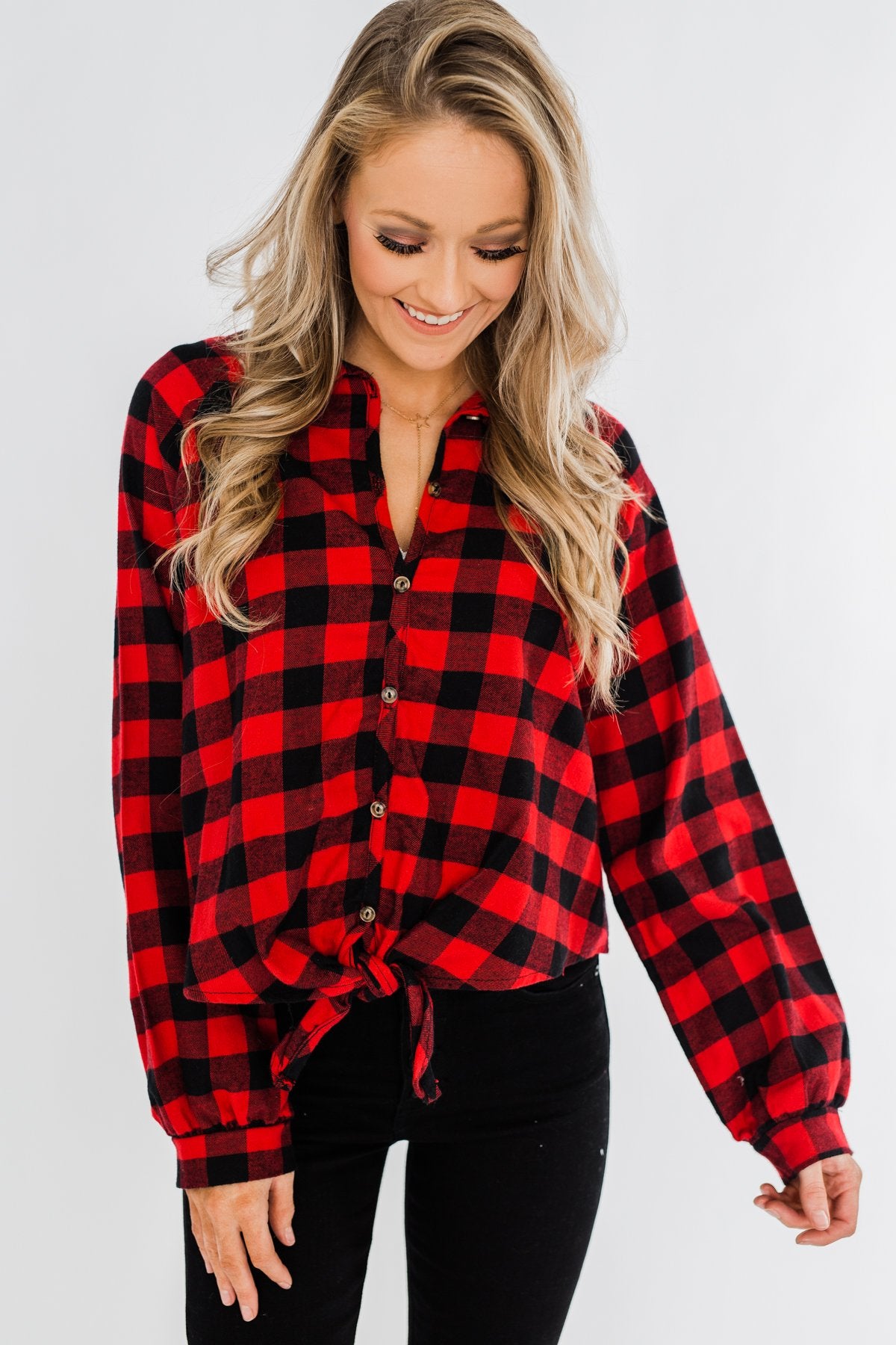 Takes Me Back Front Tie Plaid Top- Buffalo Plaid