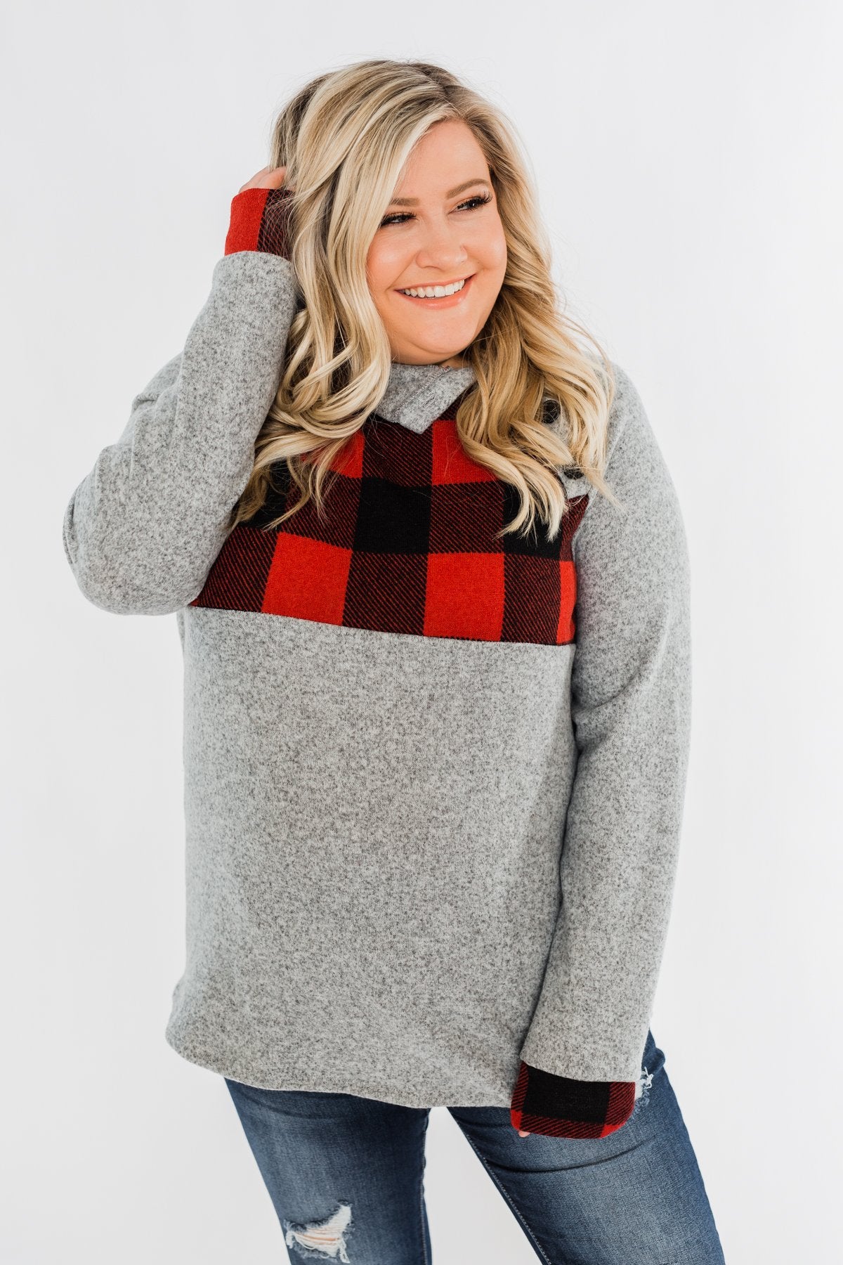 Forever Together Pullover- Buffalo Plaid & Heather Grey